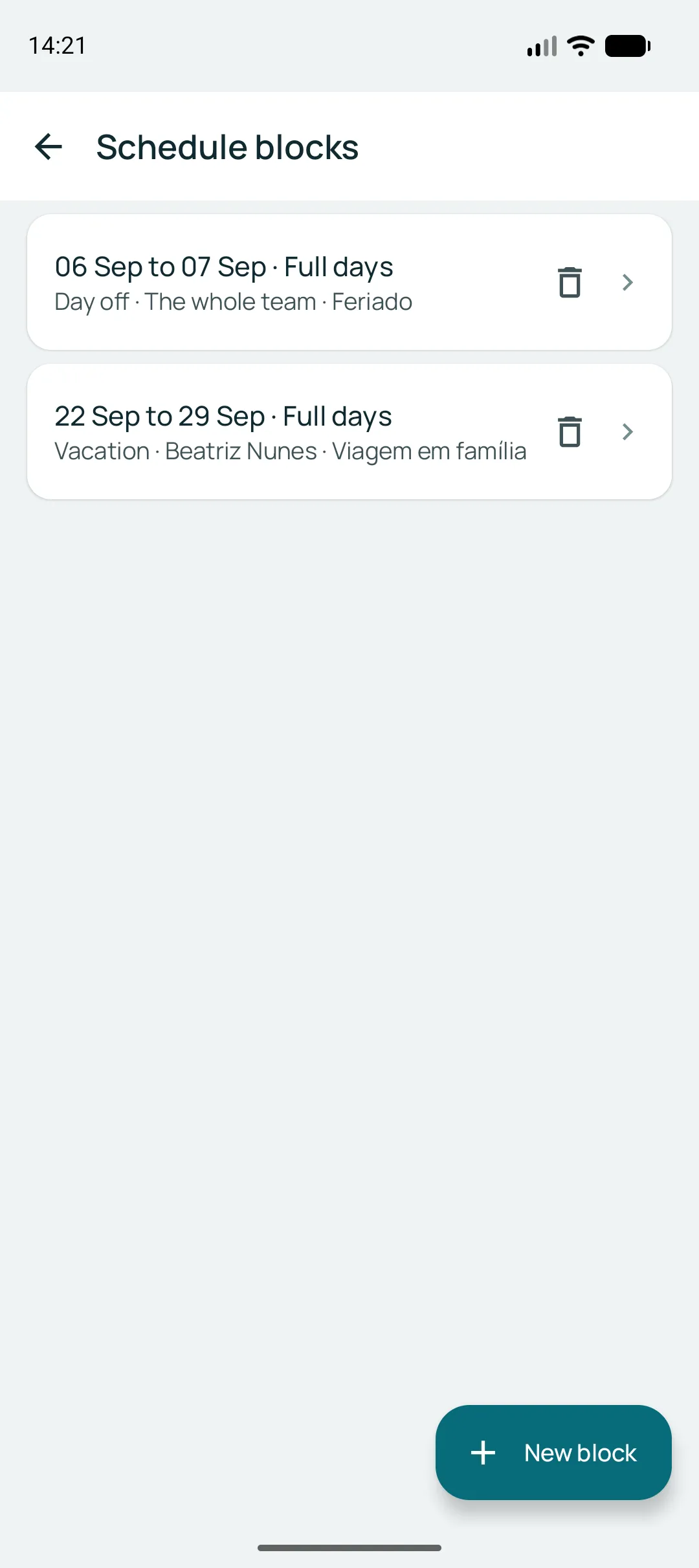 Calendar blocks screen with a two-day holiday closing the whole business and a week of time off for one professional, both as full days.