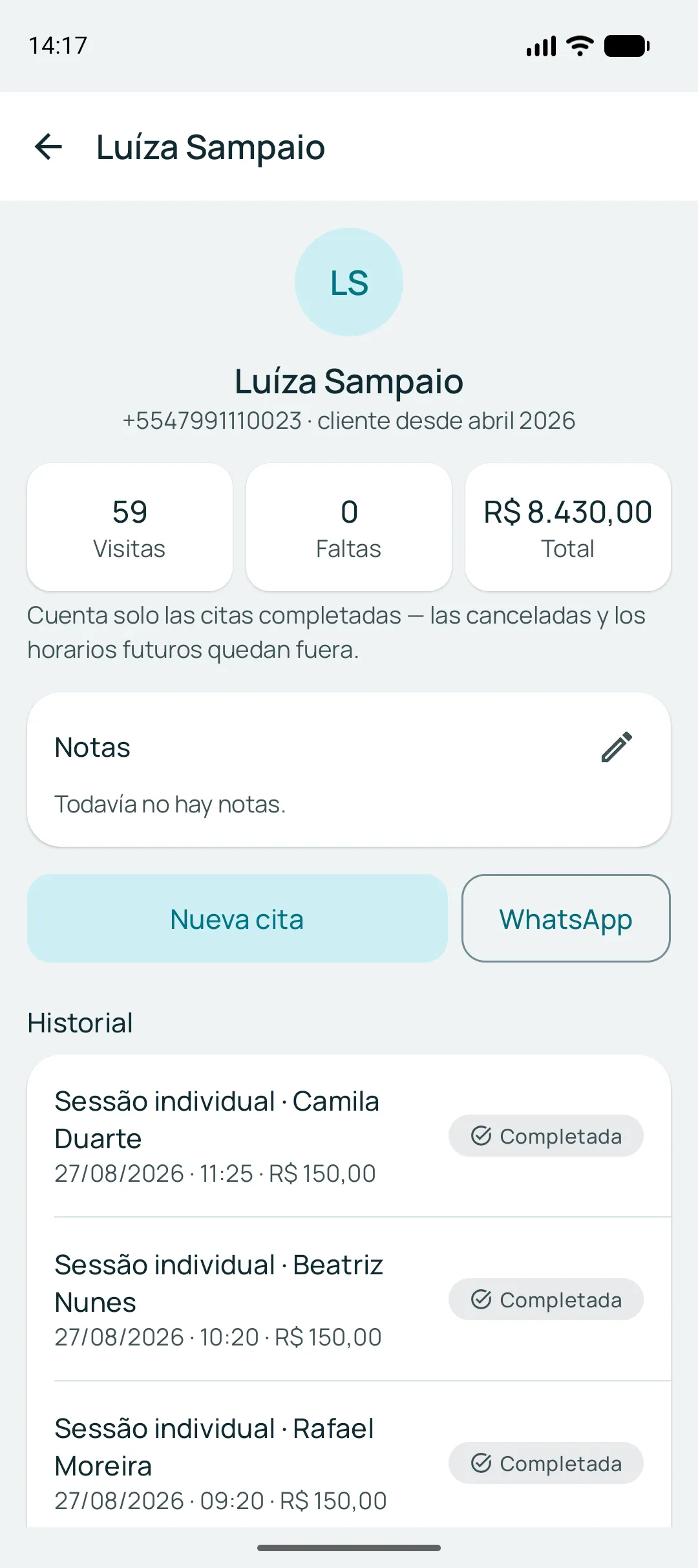 Ficha de un cliente en la app: visitas, faltas y total gastado destacados, el campo de nota y abajo el historial de citas con fecha y servicio.