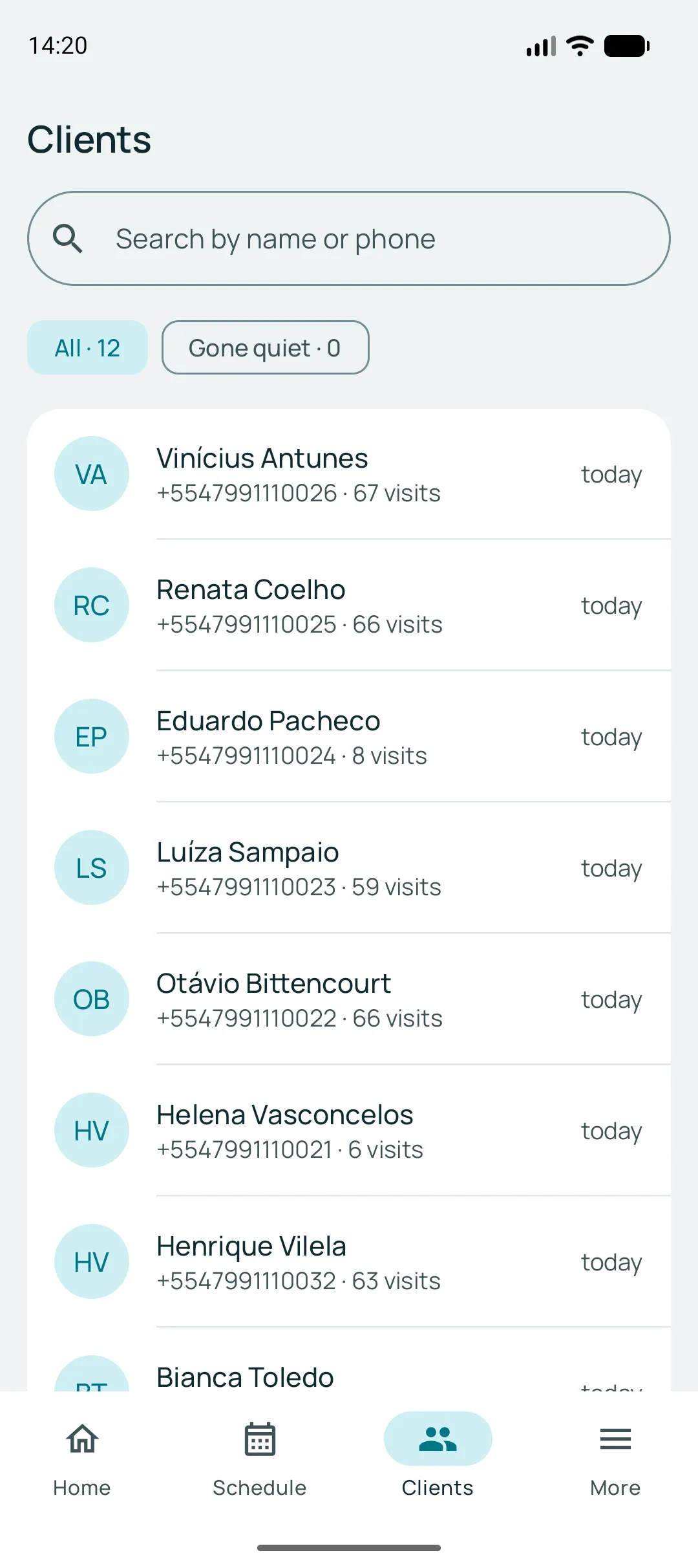 Clients screen in the app with the lapsed-client filter on, showing three people with their visit count and how long since they were last in.