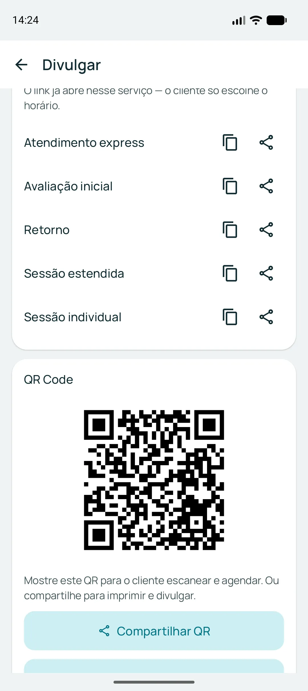 Continuação da tela de divulgação: um link por serviço e o QR Code do negócio, com as opções de compartilhar o QR e o pôster.