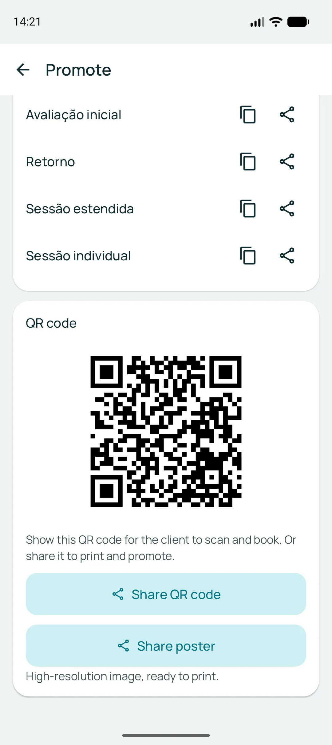 Continuation of the sharing screen: one link per service and the business QR code, with the options to share the QR code and the poster.