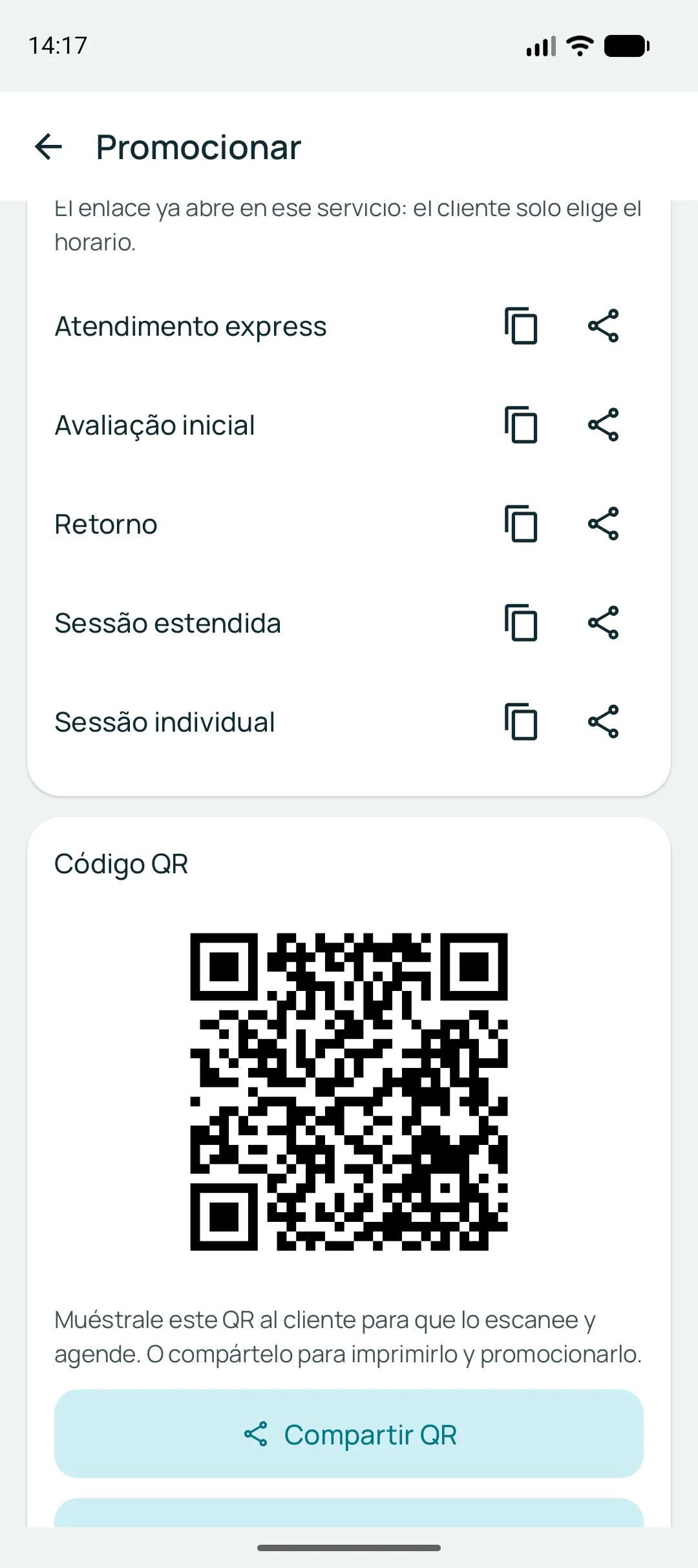 Continuación de la pantalla de difusión: un enlace por servicio y el código QR del negocio, con las opciones de compartir el QR y el afiche.