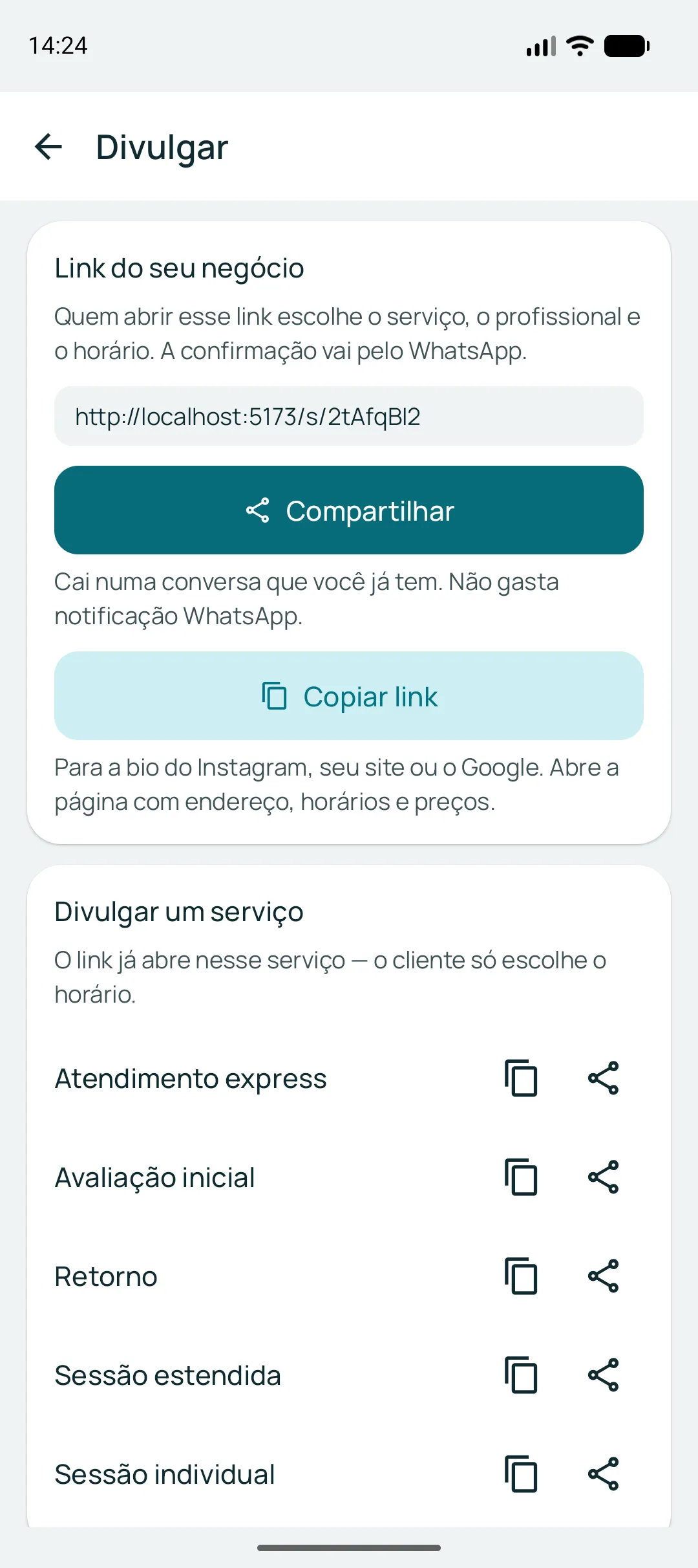 Tela de divulgação com o endereço do link do negócio, os botões de compartilhar e copiar, e abaixo a lista de serviços para divulgar um de cada vez.