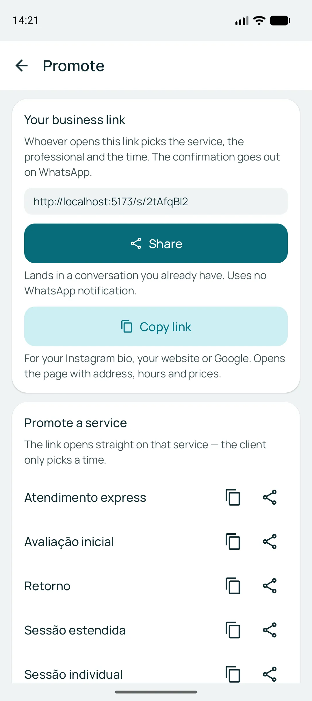 Sharing screen with the business link address, the share and copy buttons, and below it the list of services to promote one at a time.