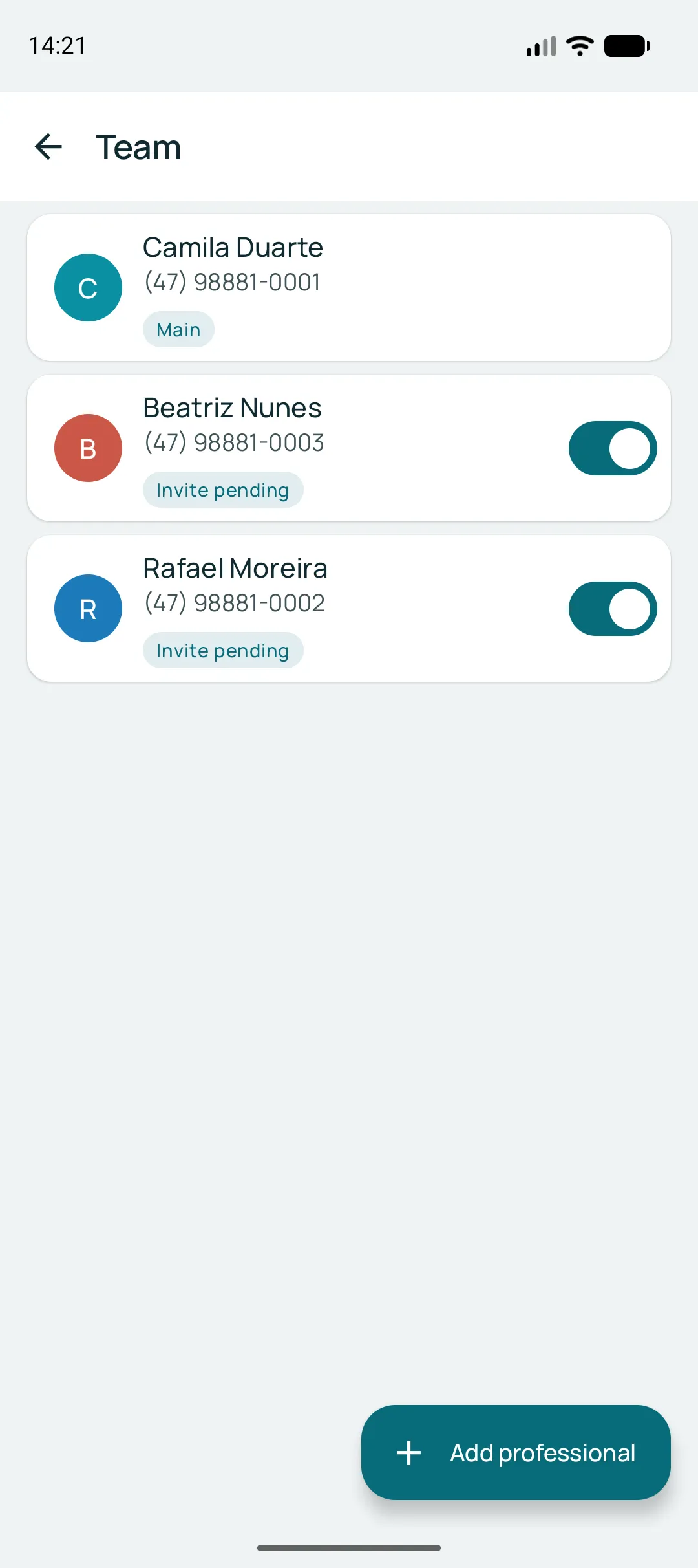 Team screen with three professionals, each with a coloured initial, a phone number and a tag marking who is the owner and who has a pending invitation.