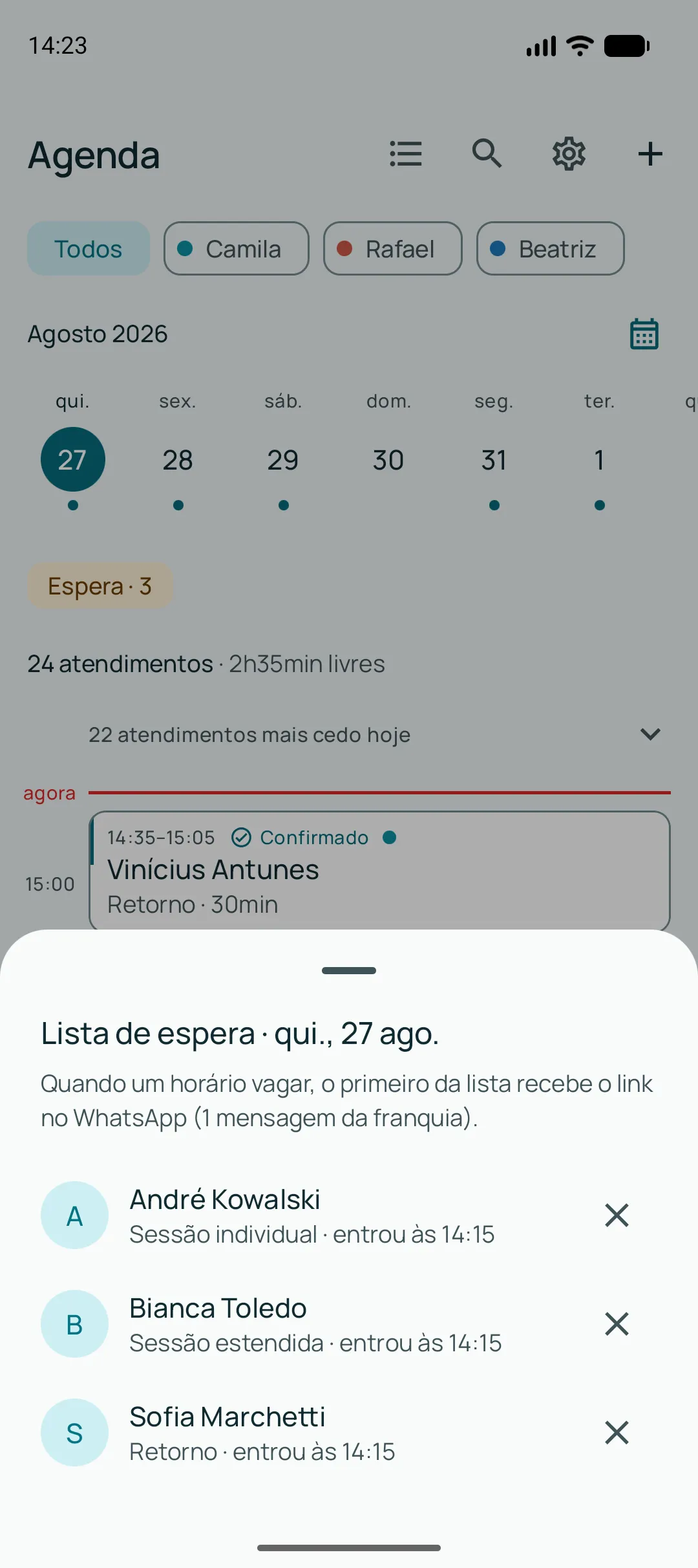 Agenda do dia com o selo Espera · 4 acima dos atendimentos, e a lista de espera aberta mostrando quatro clientes com o serviço que pediram e a hora em que entraram.