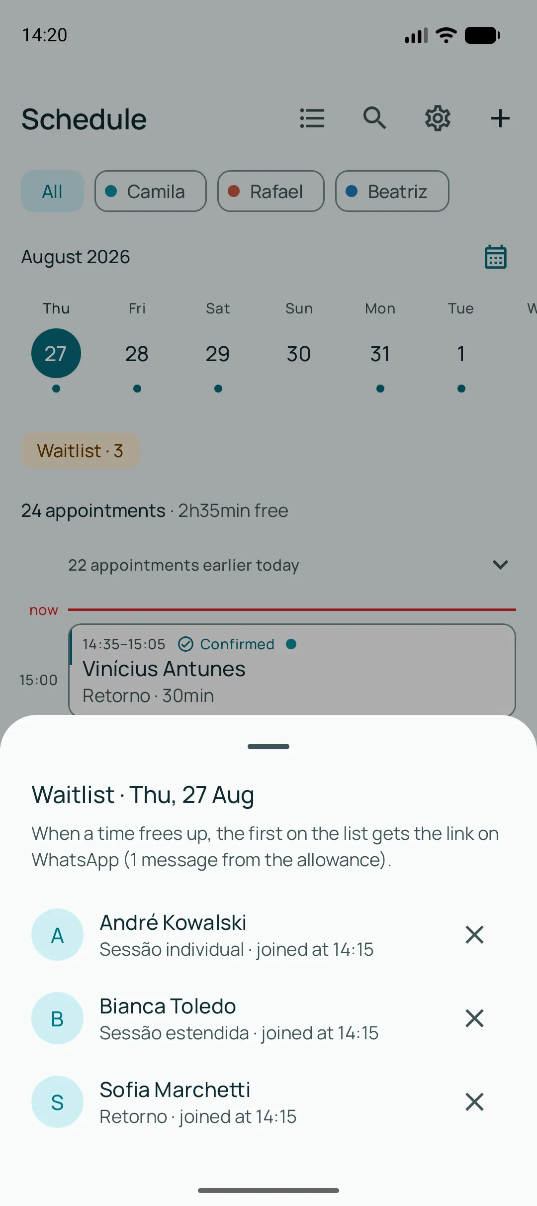 Day calendar with the Waitlist · 4 badge above the appointments, and the waitlist open showing four clients with the service they asked for and the time they joined.