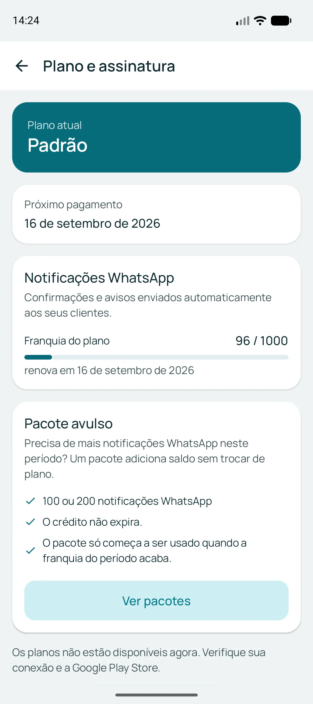 Continuação da tela inicial: os agendamentos do dia com etiquetas de pendente e confirmado, o total dos próximos dias e o medidor da franquia de notificações WhatsApp com a data de renovação.