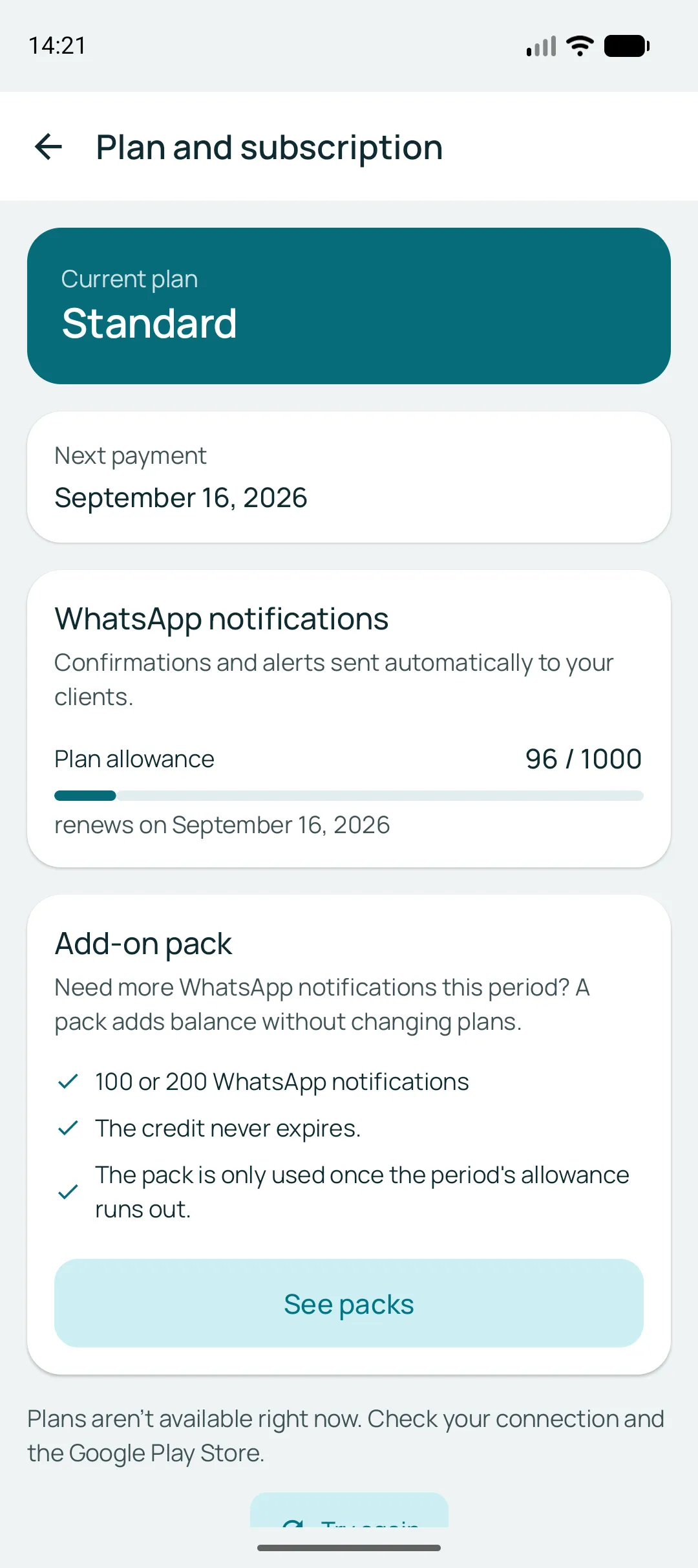 Continuation of the home screen: the day’s bookings with pending and confirmed tags, the total for the coming days, and the WhatsApp notification allowance meter with its renewal date.