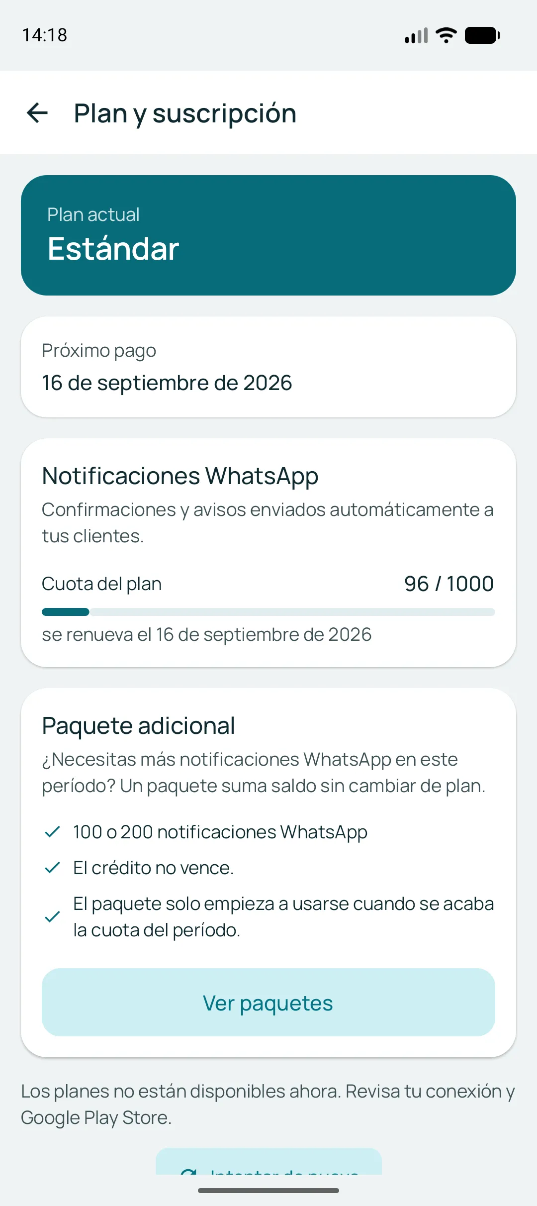 Continuación de la pantalla inicial: las citas del día con etiquetas de pendiente y confirmada, el total de los próximos días y el medidor del cupo de notificaciones de WhatsApp con la fecha de renovación.