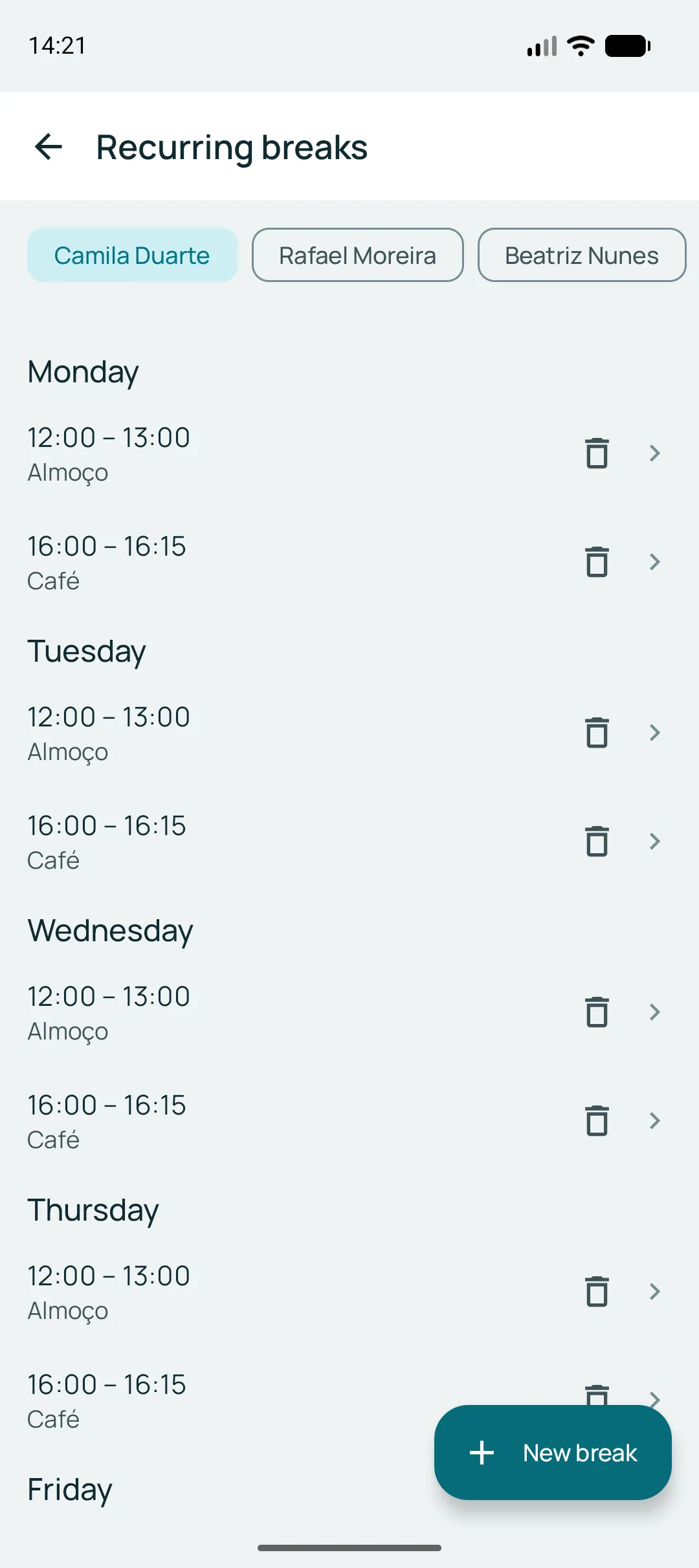 Recurring breaks screen: lunch from noon to 1pm and a 15-minute break at 4pm, repeated Monday through Thursday.
