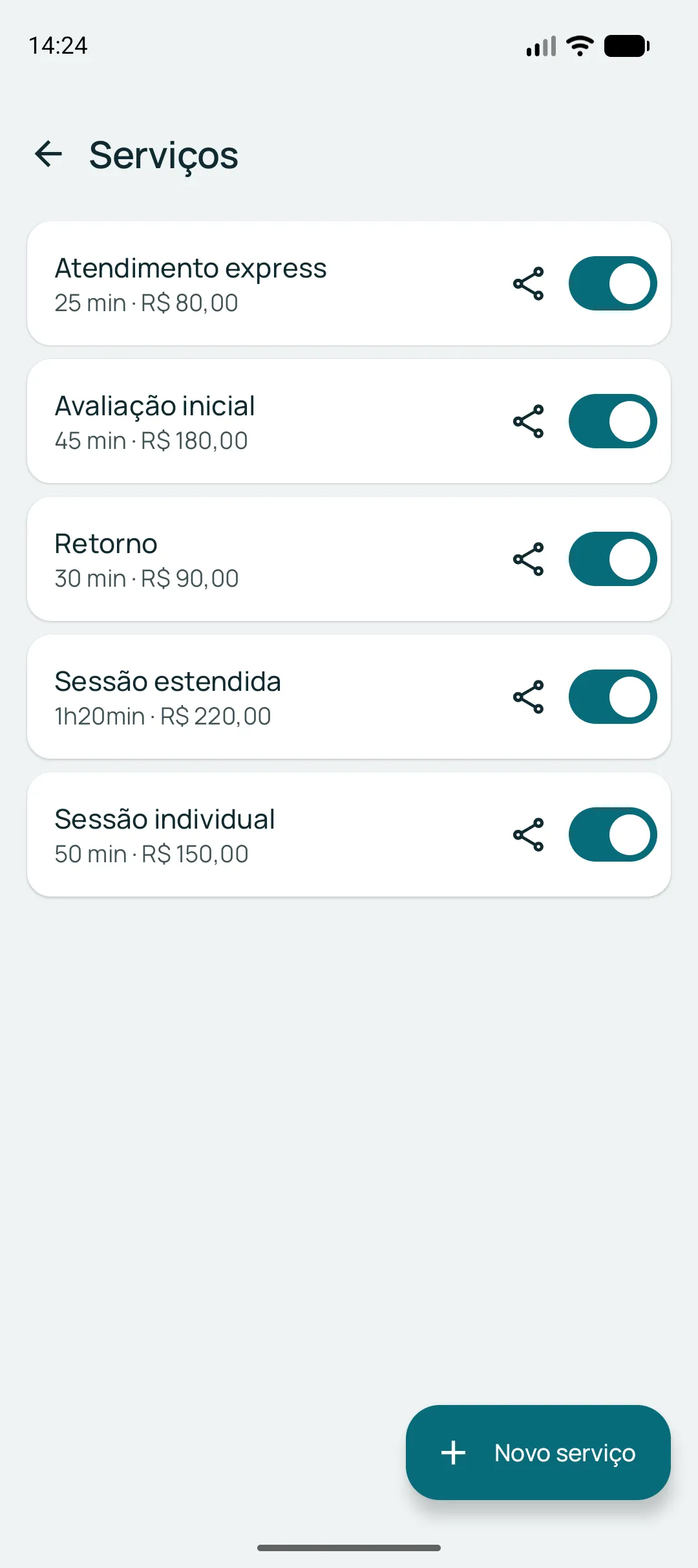 Lista de serviços do negócio, cada um com duração, preço, o ícone de compartilhar e o interruptor que liga e desliga o serviço.