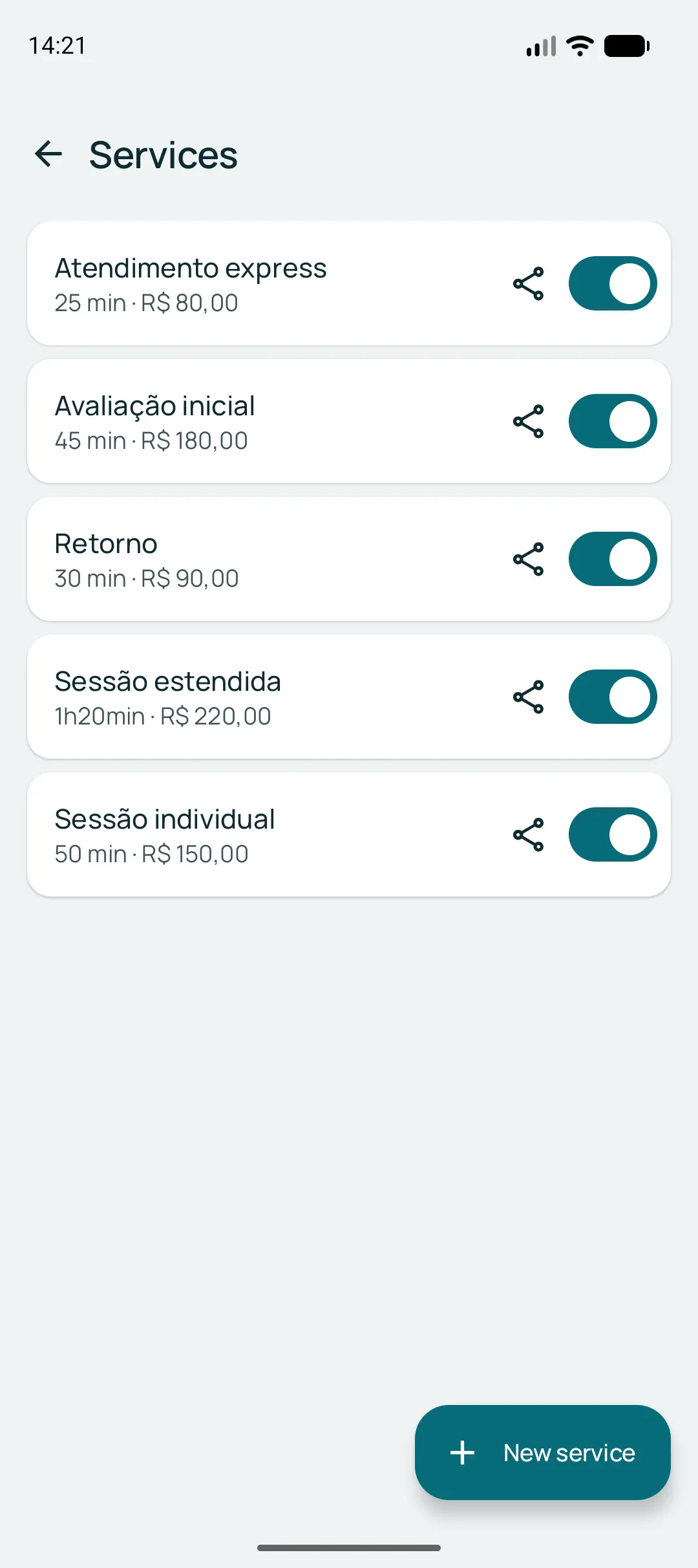 List of the business services, each with duration, price, the share icon and the switch that turns the service on and off.