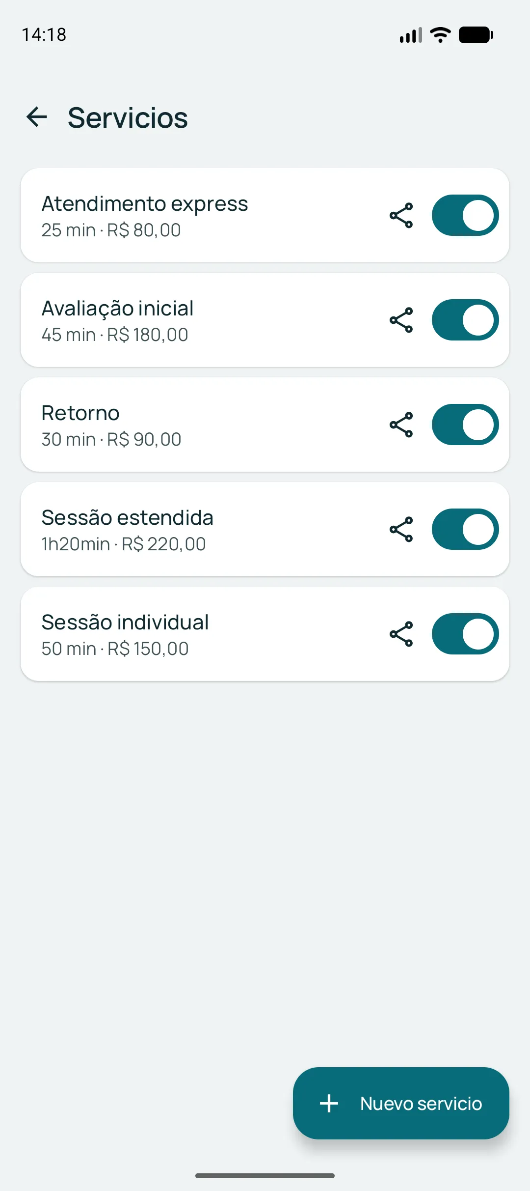 Lista de servicios del negocio, cada uno con duración, precio, el icono de compartir y el interruptor que enciende y apaga el servicio.