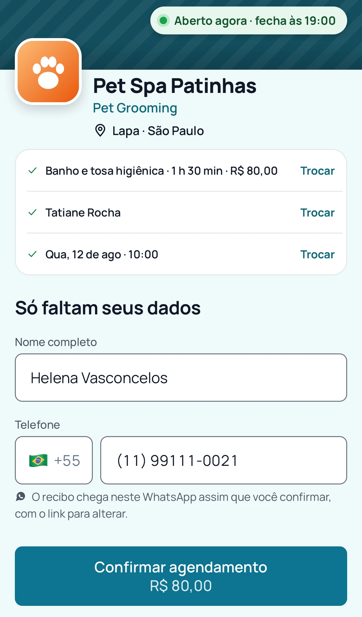 Página de agendamento pedindo só o nome e o telefone do cliente para guardar o horário.
