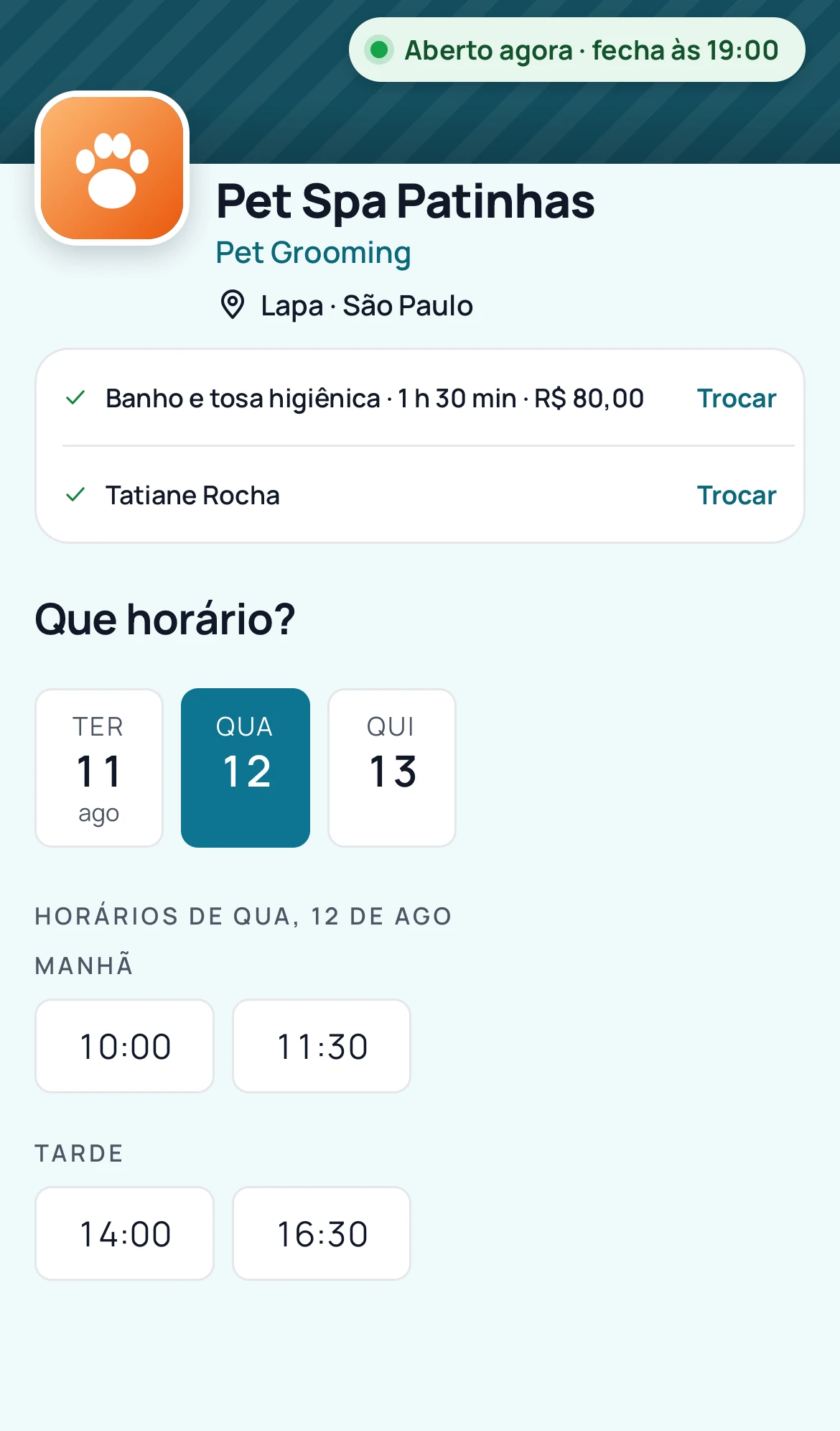 Página de agendamento com os próximos dias e os horários livres de manhã e à tarde.