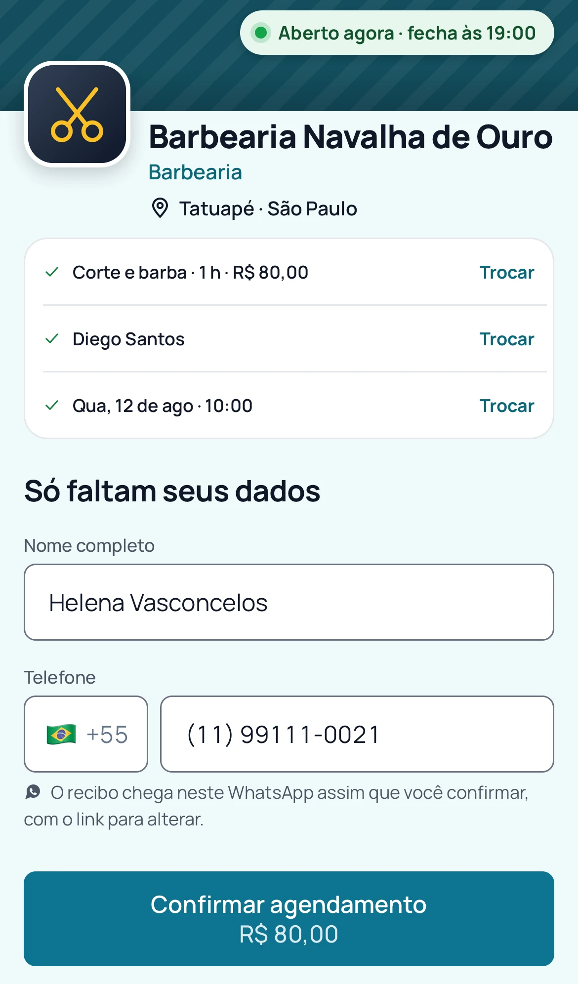 Página de agendamento pedindo só o nome e o telefone do cliente para guardar o horário.