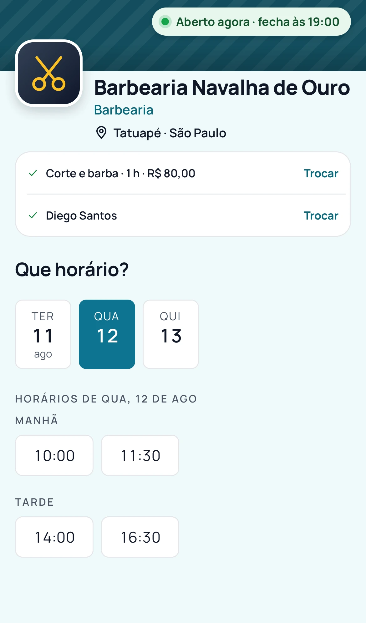 Página de agendamento com os próximos dias e os horários livres de manhã e à tarde.