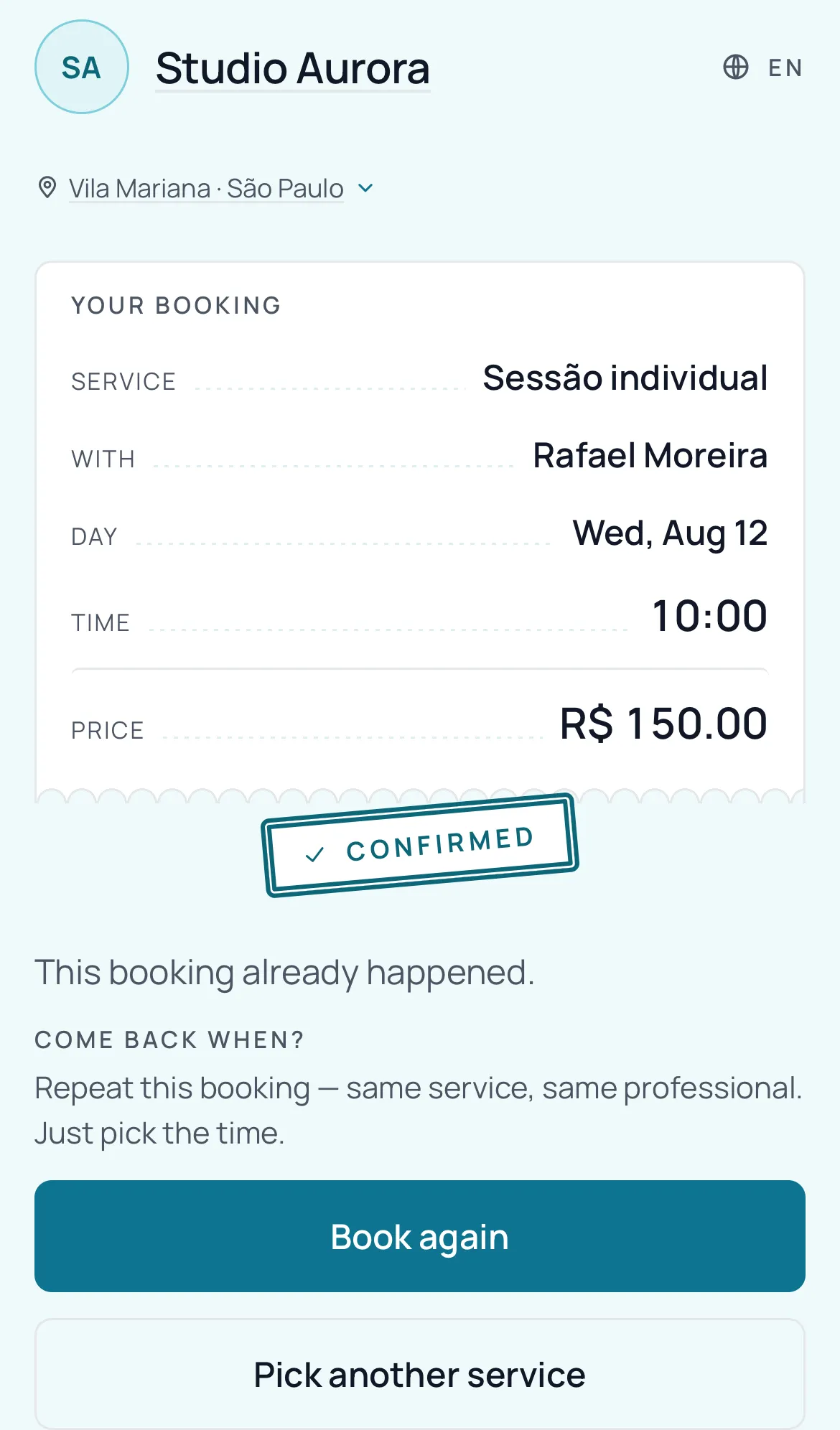 Management page for an appointment already completed, with the receipt of what was done and the block to book the same service with the same professional again.