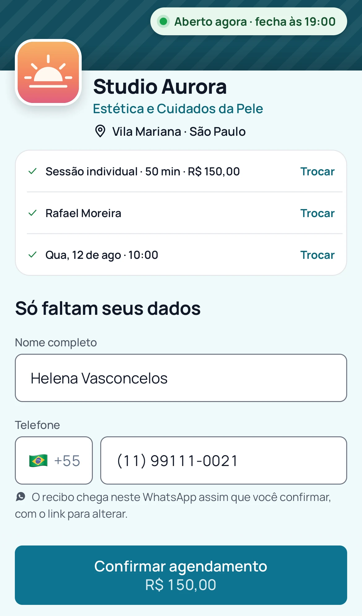Página de agendamento pedindo só o nome e o telefone do cliente para guardar o horário.
