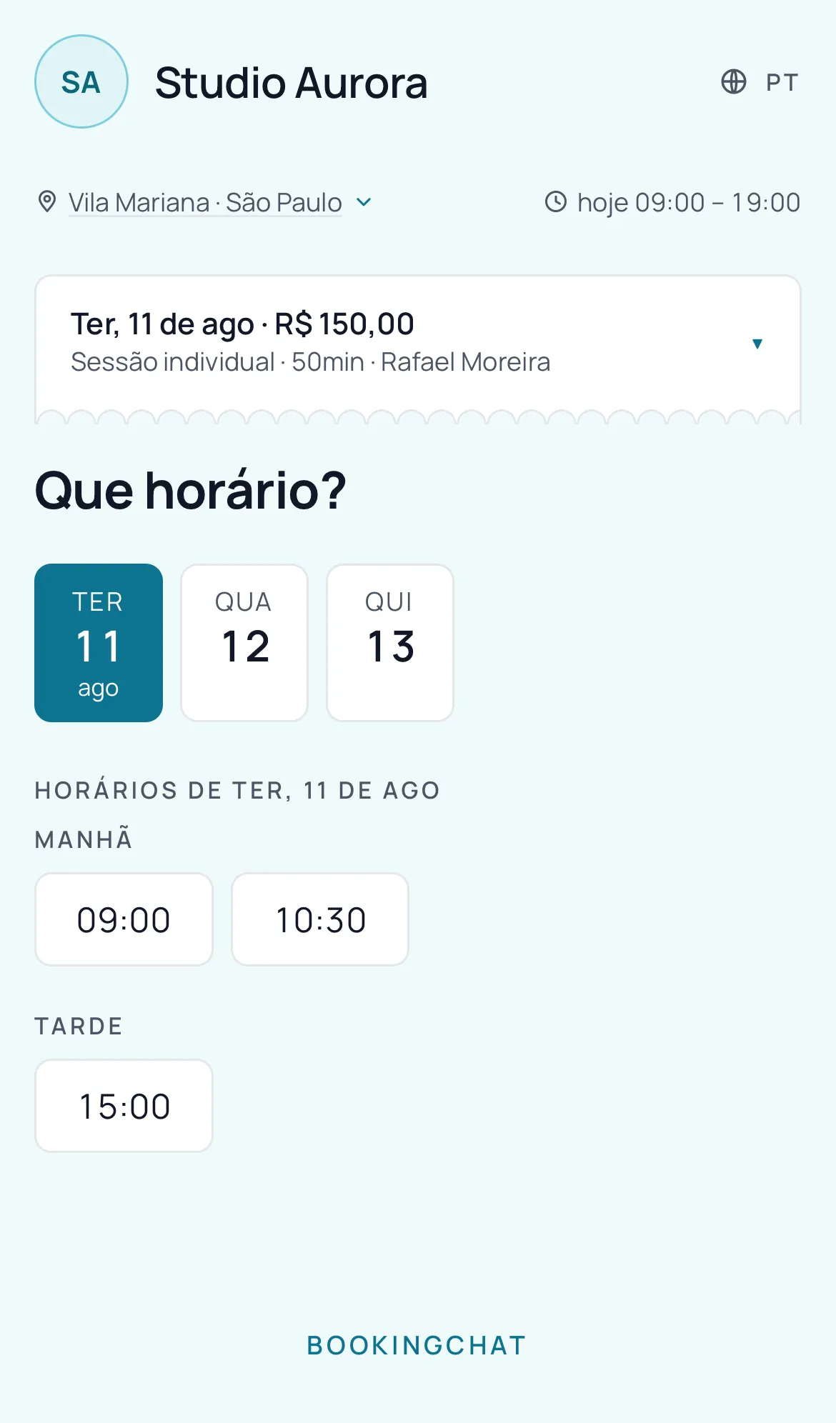 A mesma página adiante: resumo do serviço, profissional, dia e valor escolhidos, e abaixo a régua de dias com os horários livres da tarde e da noite.