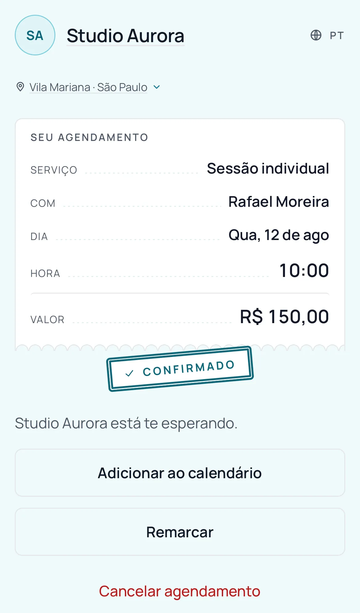 Página de gestão do agendamento, aberta pelo link que o cliente recebe, com as opções de cancelar e remarcar.