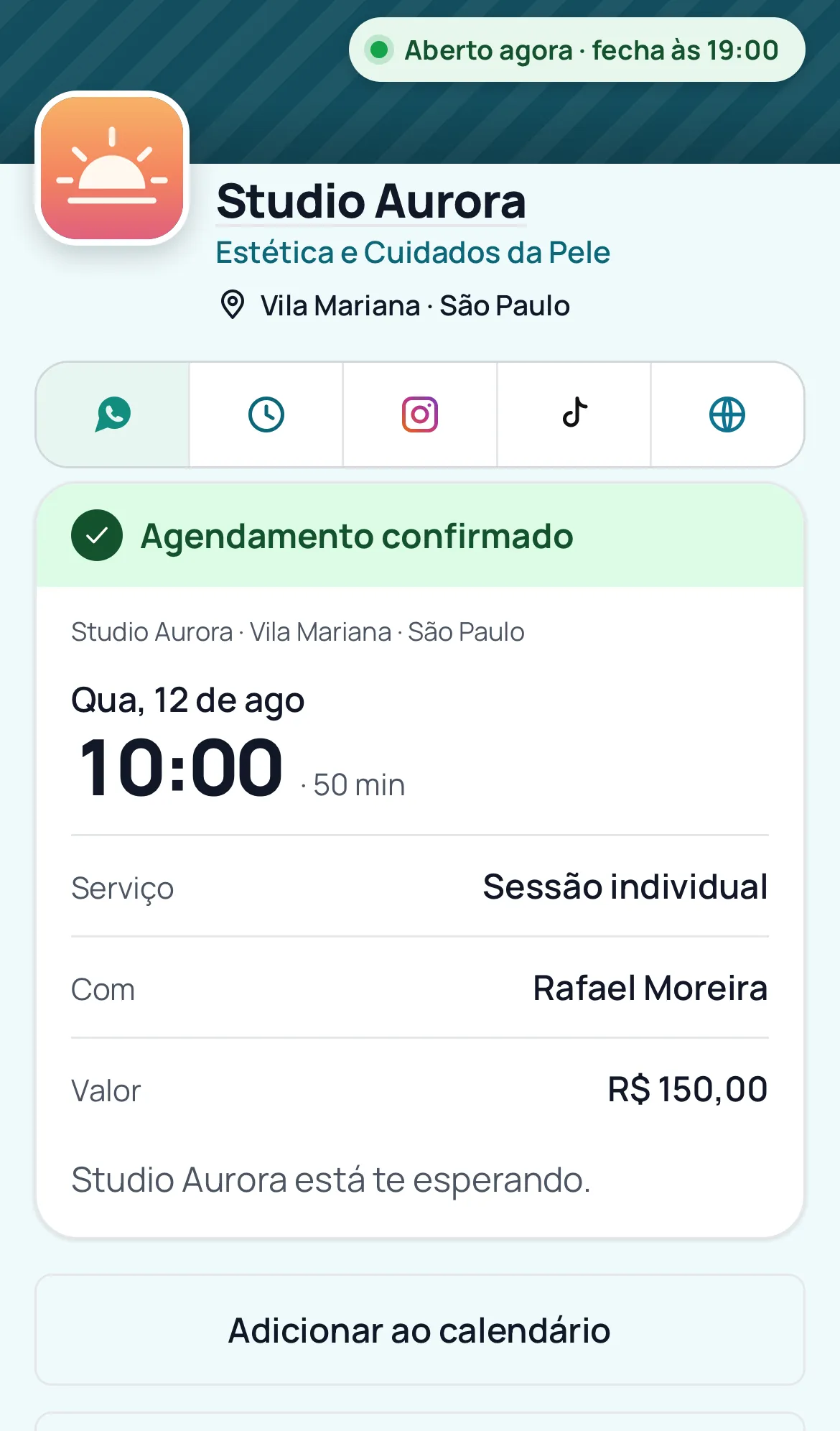 Página de gestão do agendamento, aberta pelo link que o cliente recebe, com as opções de cancelar e remarcar.
