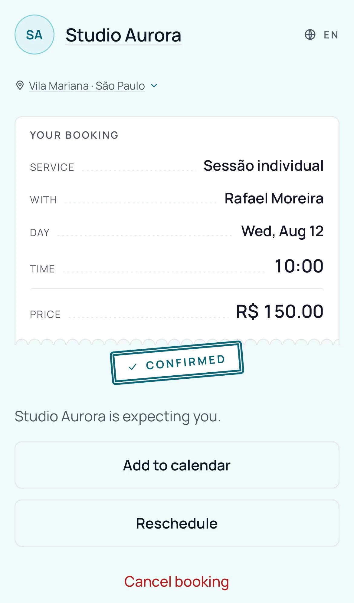 Booking management page, opened from the link the client receives, with the options to cancel and reschedule.