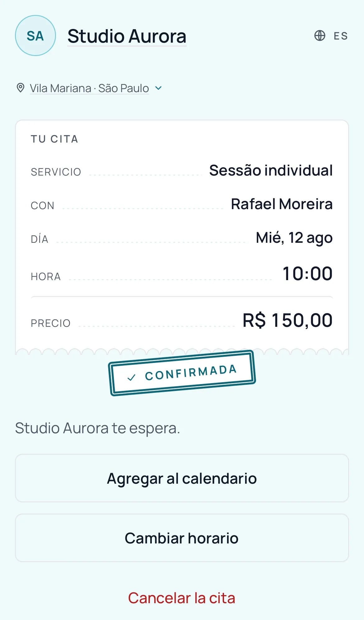 Página para gestionar la cita, abierta desde el enlace que recibe el cliente, con las opciones de cancelar y cambiar el horario.