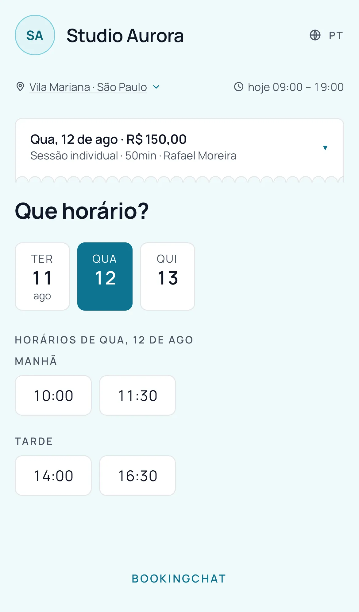 Grade de horários livres na página do cliente, agrupados por manhã, tarde e noite.