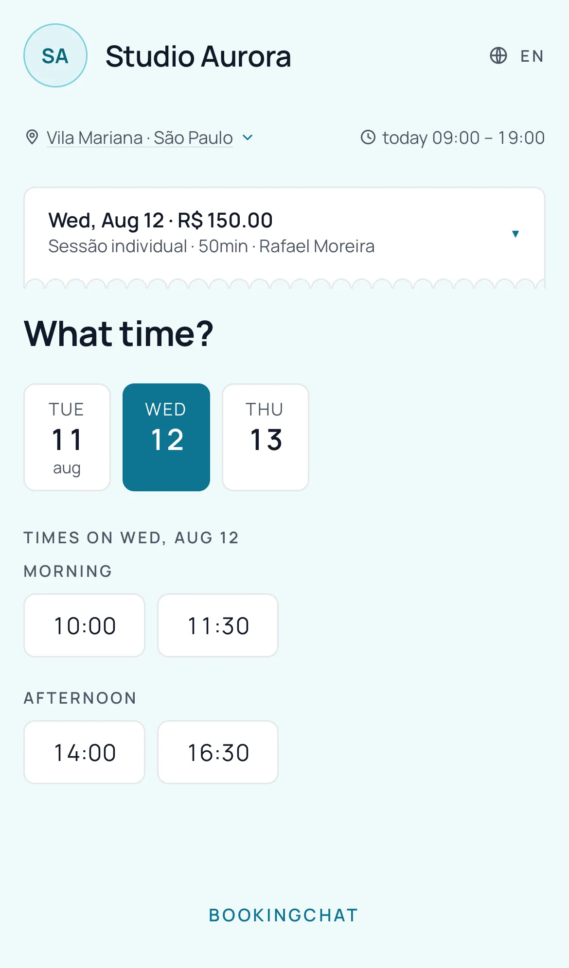Grid of free times on the client's page, grouped into morning, afternoon and evening.