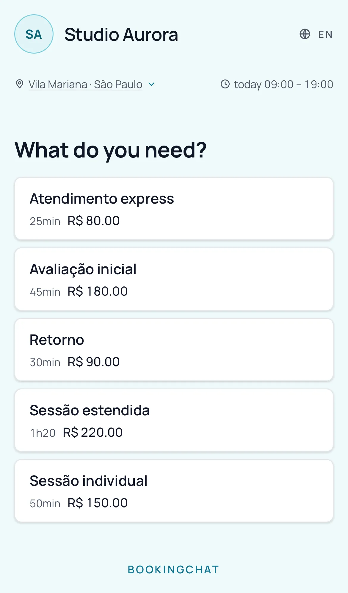 Booking page on the client's phone: business name, address, opening hours and the list of services with duration and price.