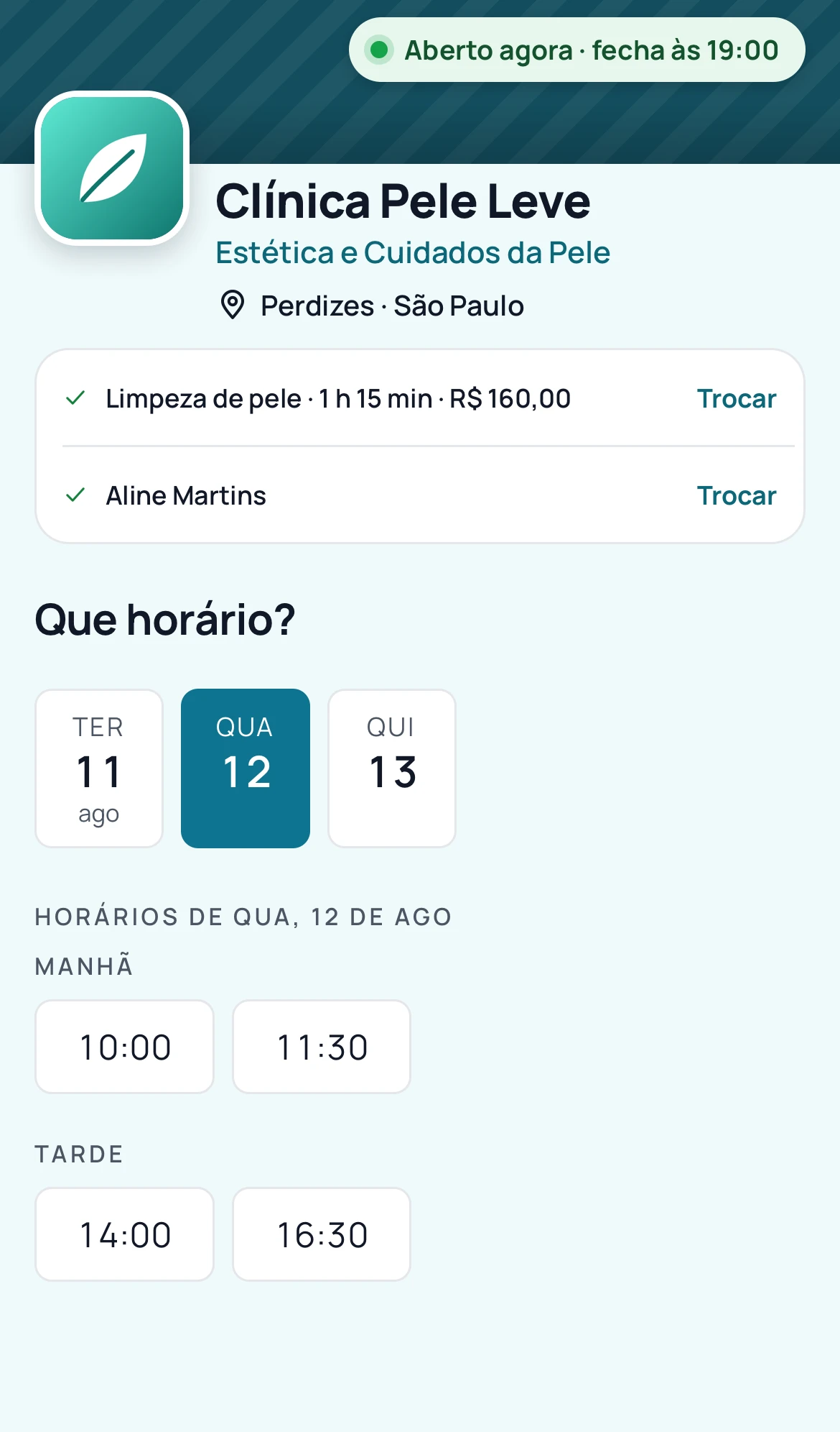 Página de agendamento com os próximos dias e os horários livres de manhã e à tarde.