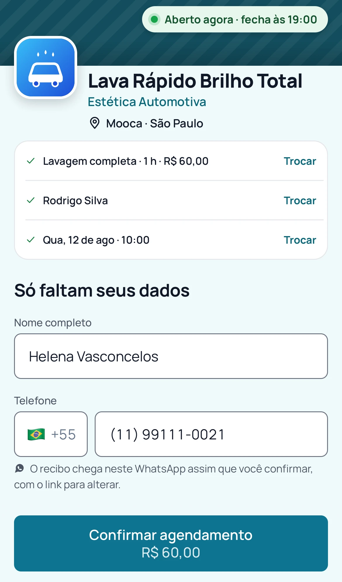 Página de agendamento pedindo só o nome e o telefone do cliente para guardar o horário.
