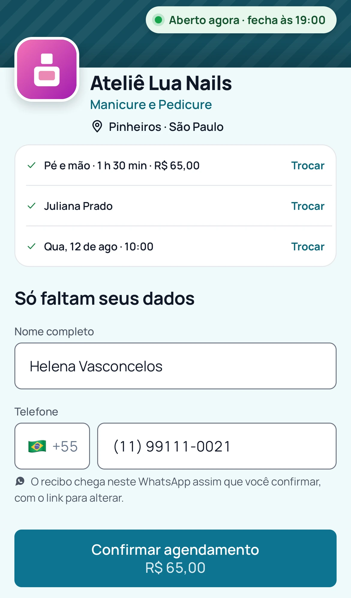 Página de agendamento pedindo só o nome e o telefone do cliente para guardar o horário.