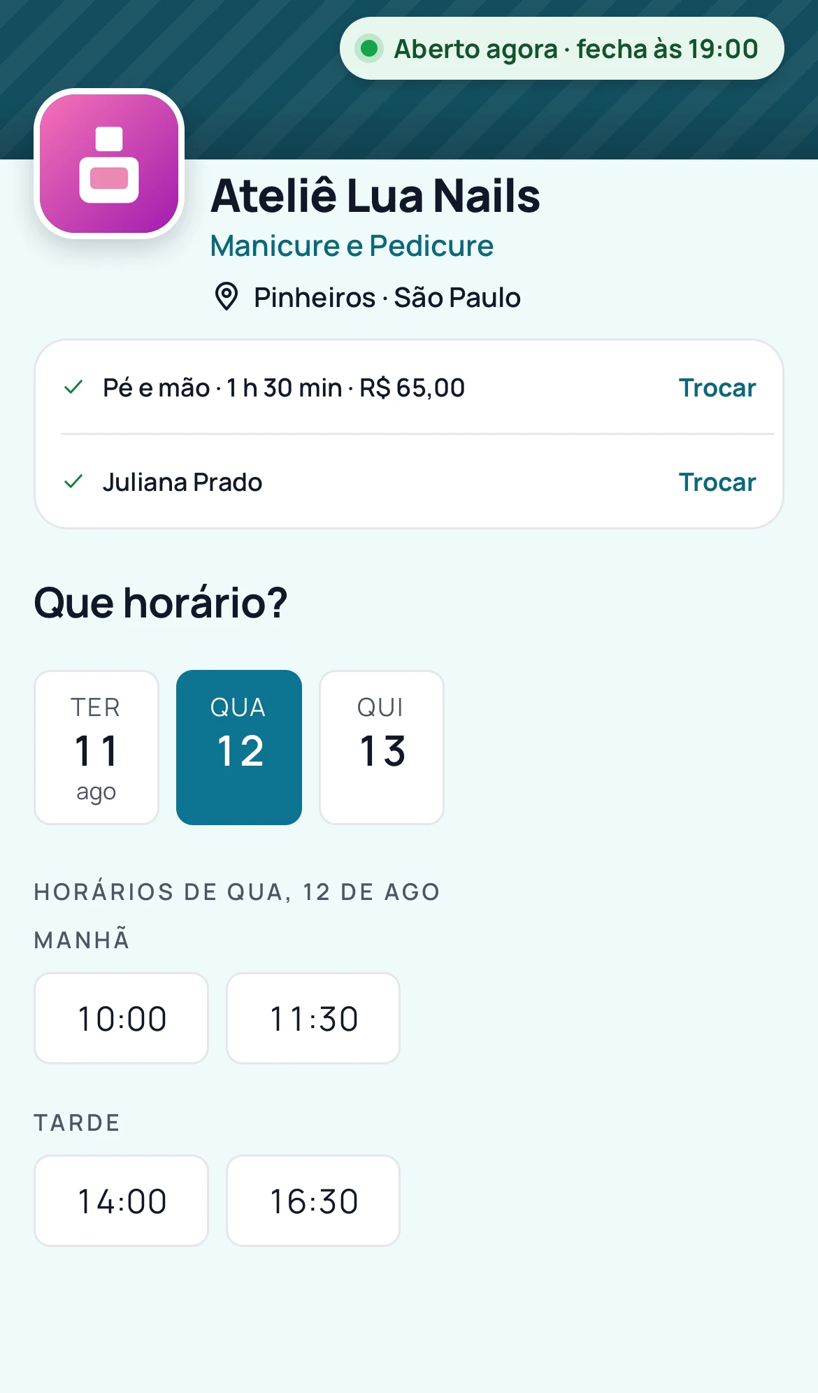 Página de agendamento com os próximos dias e os horários livres de manhã e à tarde.