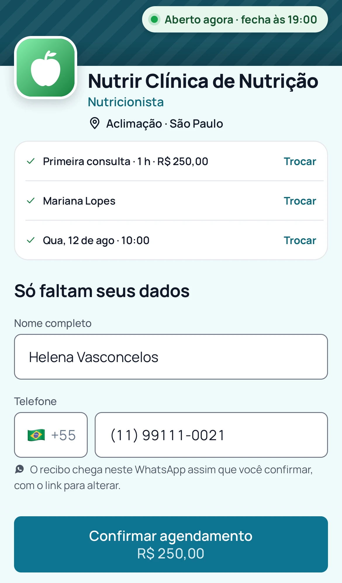 Página de agendamento pedindo só o nome e o telefone do cliente para guardar o horário.