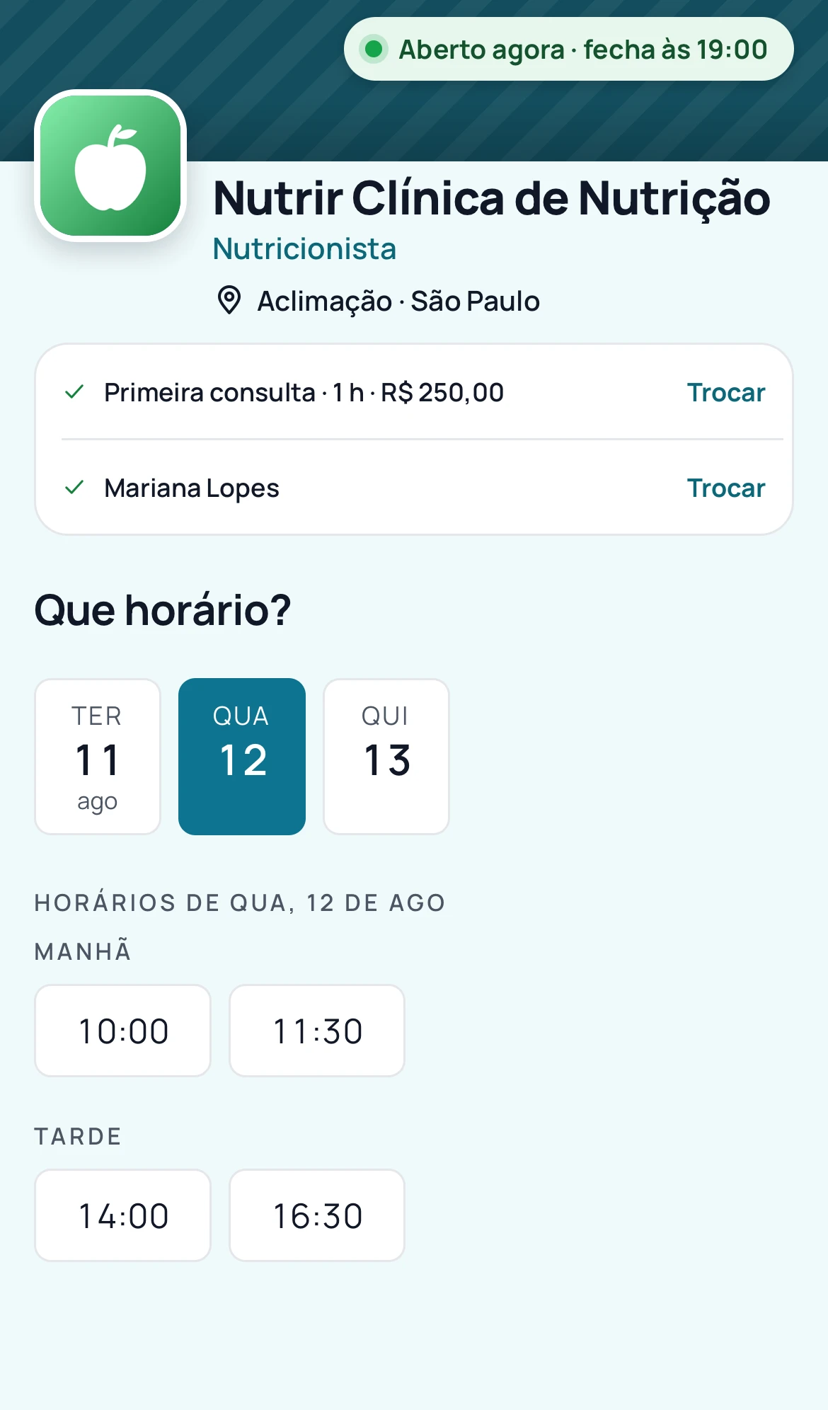 Página de agendamento com os próximos dias e os horários livres de manhã e à tarde.