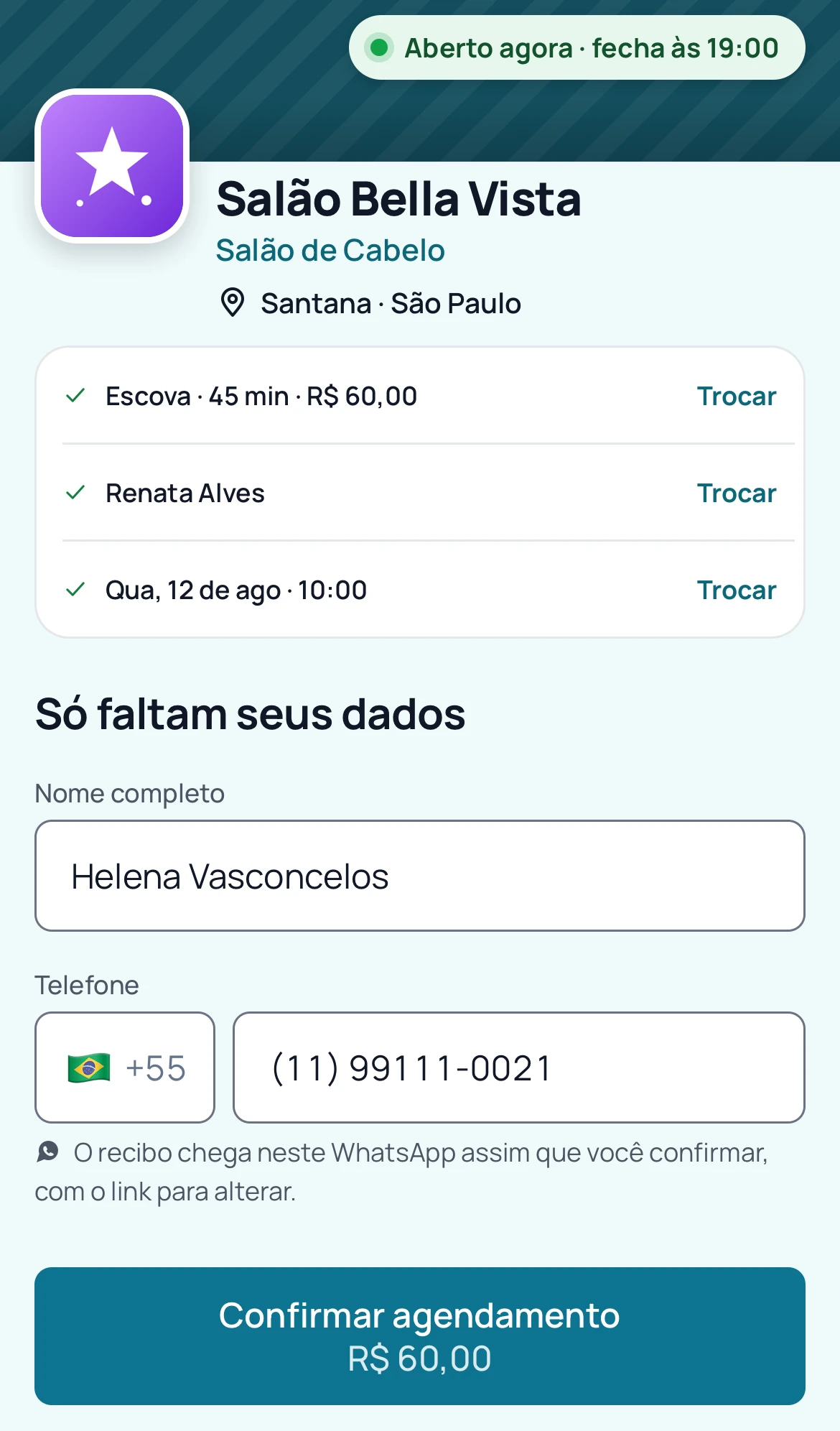 Página de agendamento pedindo só o nome e o telefone do cliente para guardar o horário.