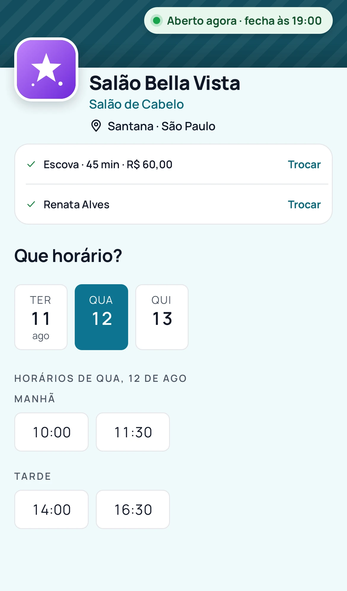 Página de agendamento com os próximos dias e os horários livres de manhã e à tarde.
