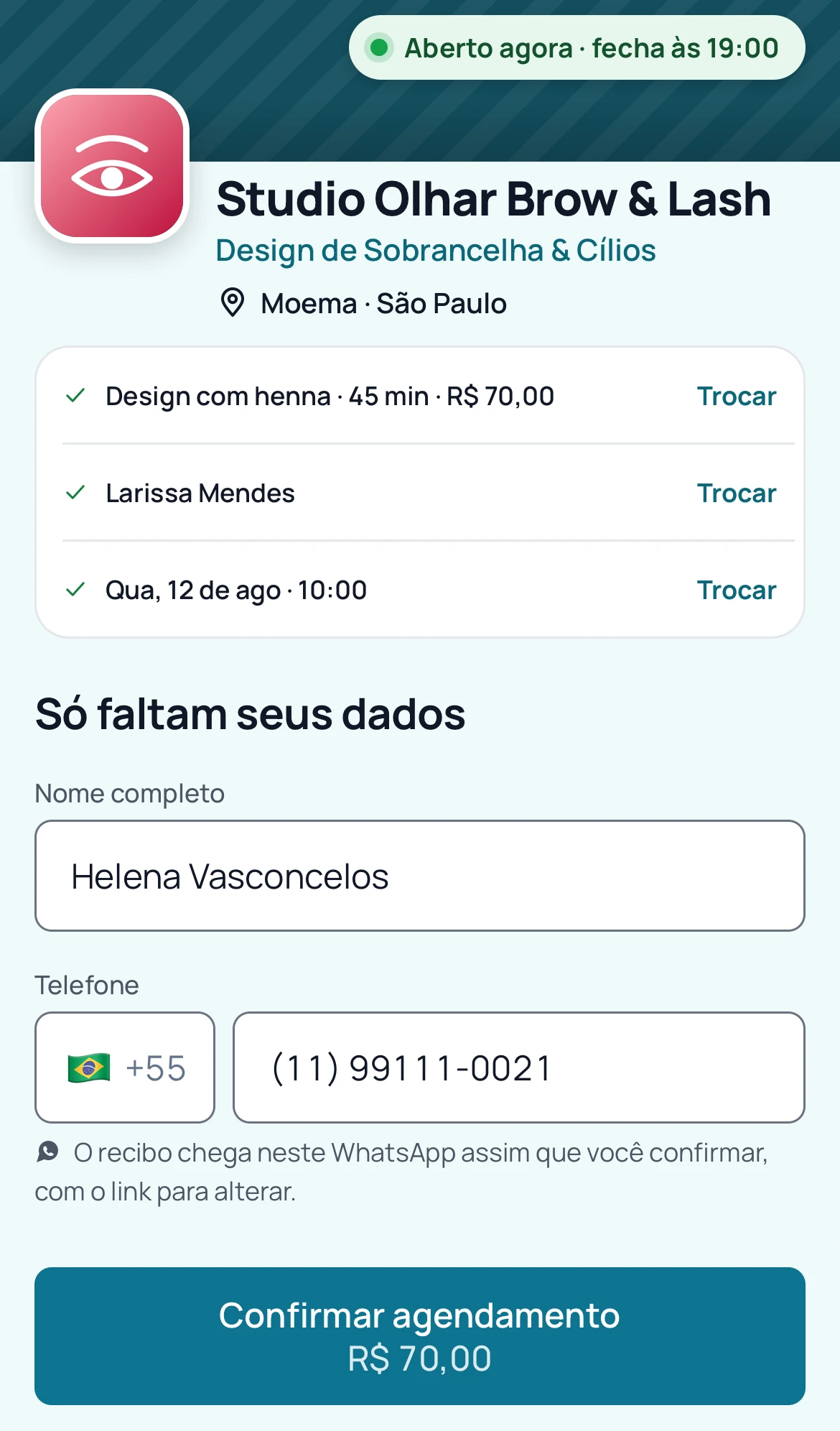Página de agendamento pedindo só o nome e o telefone do cliente para guardar o horário.