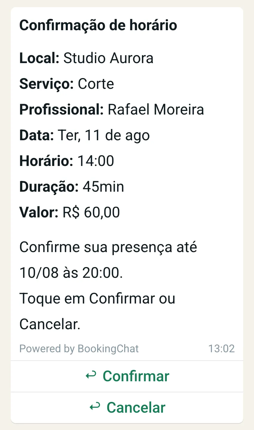 Mensagem do WhatsApp pedindo ao cliente que confirme o horário
