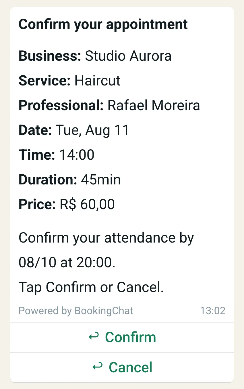 WhatsApp message asking the client to confirm the appointment
