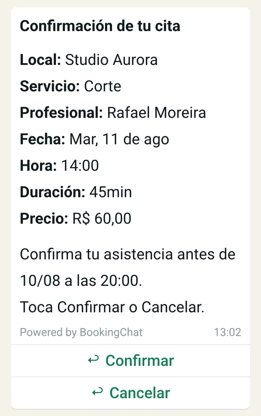 Mensaje de WhatsApp pidiendo al cliente que confirme la hora