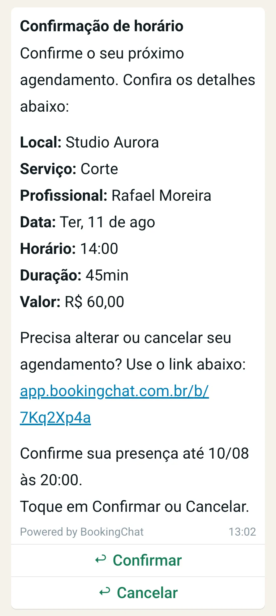 Mensagem de WhatsApp pedindo confirmação do horário, com o prazo e os botões Confirmar e Cancelar.