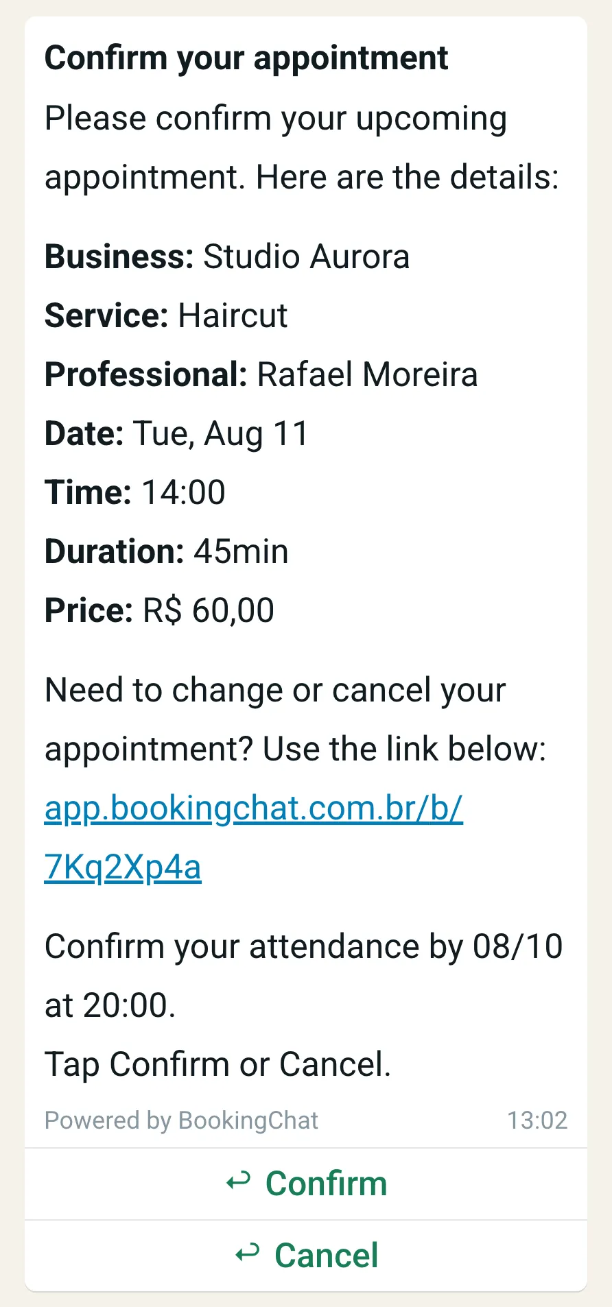 WhatsApp message asking to confirm the appointment, with the deadline and the Confirm and Cancel buttons.