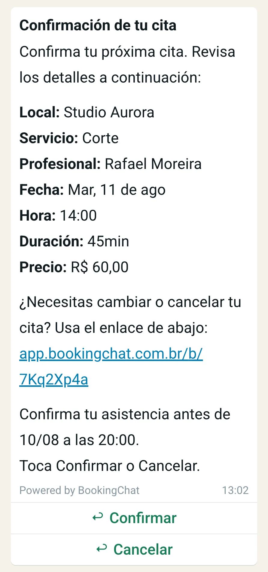 Mensaje de WhatsApp pidiendo confirmación del horario, con el plazo y los botones Confirmar y Cancelar.