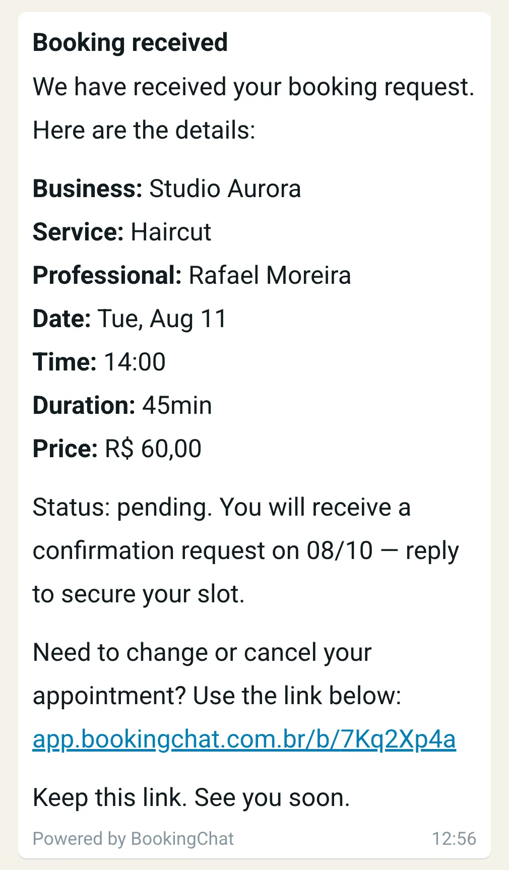 WhatsApp message with the booking received, listing business, service, professional, day, time, duration and price, and the link to change or cancel.