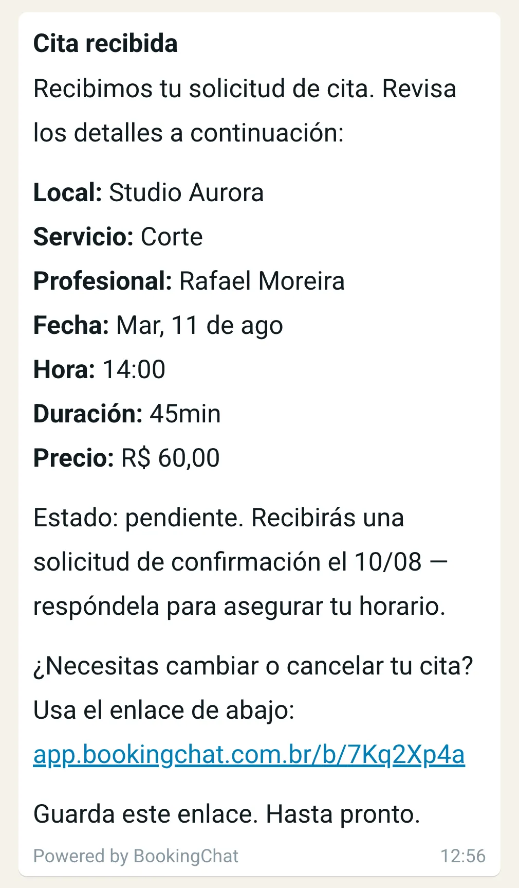 Mensaje de WhatsApp con la cita recibida, con negocio, servicio, profesional, día, hora, duración y valor, y el enlace para cambiar o cancelar.